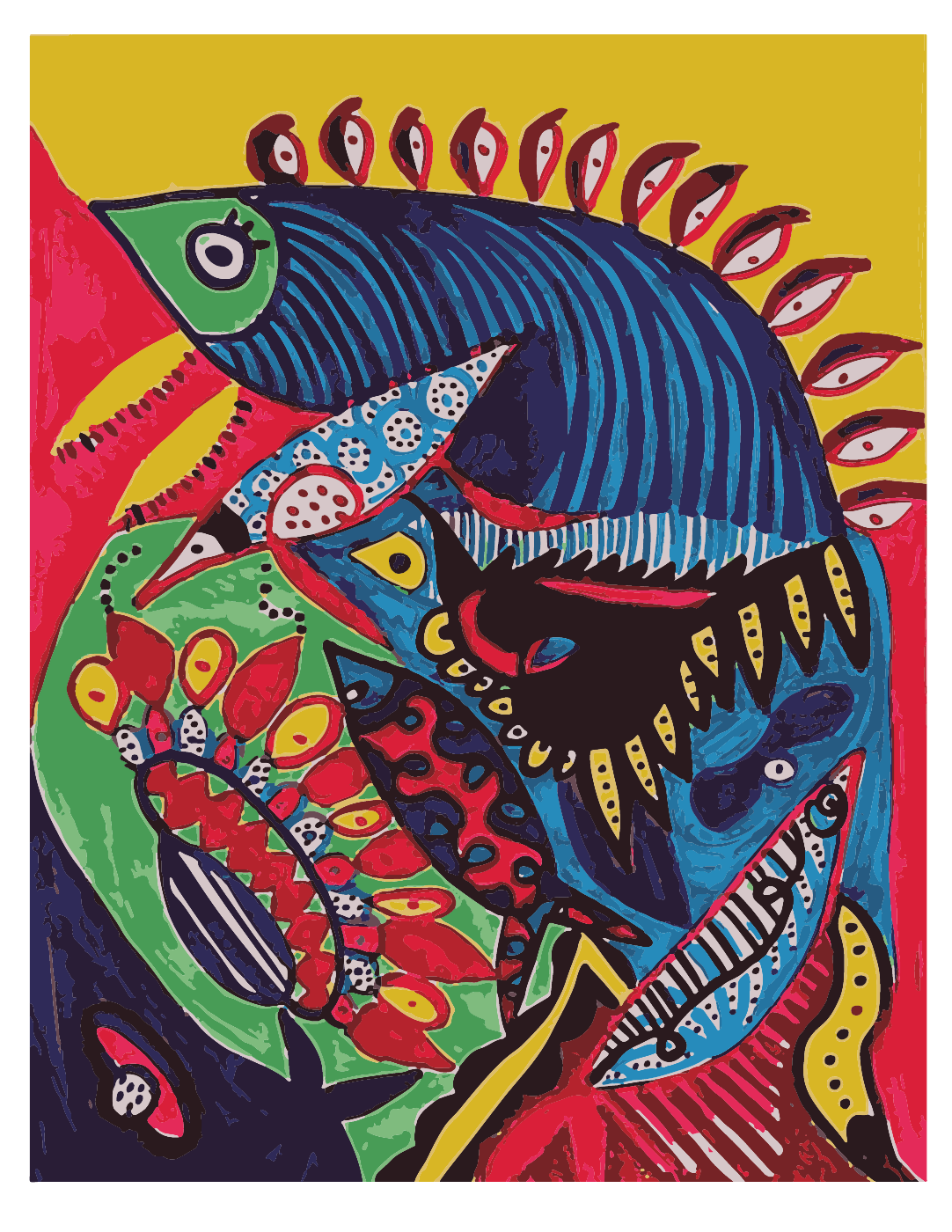 Obra de Sandra Sofía: composición de peces y formas de colores